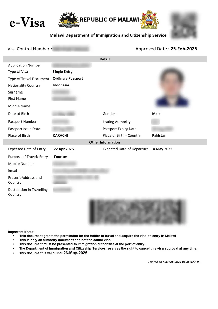 Malawi eVisa sample